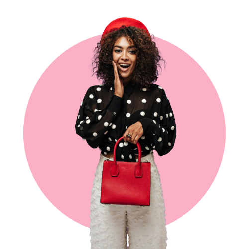 Lady with bag and pink circle background